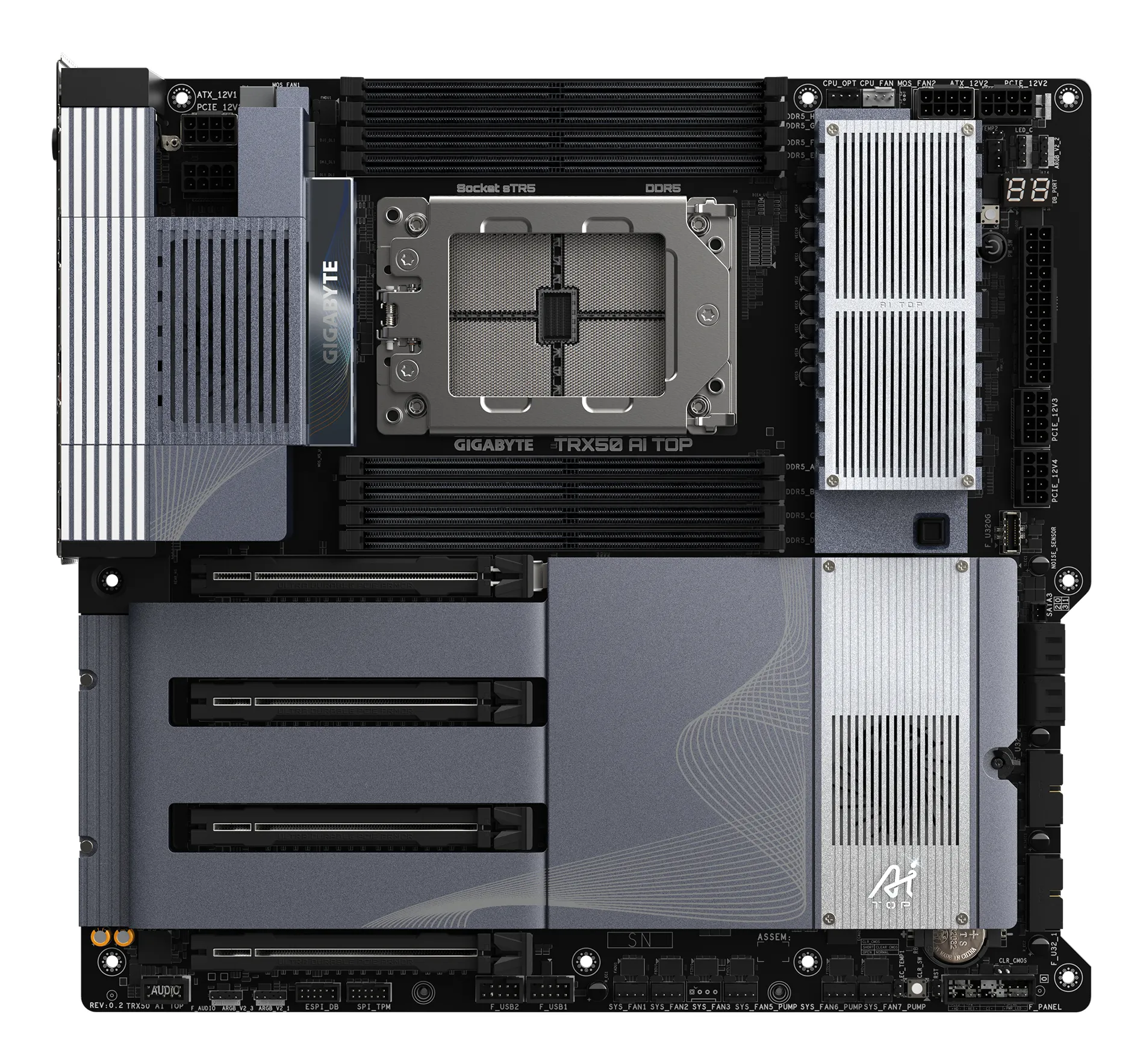 GIGABYTE TRX50 AI TOP-2B Mainboard – Unterstützt AMD Ryzen Threadripper PRO 7000 CPUs, digitales 16+8+4 Phasen VRM, bis zu 5200 MHz DDR5, 4 x PCIe 5.0 M.2, Wi-Fi 7, 10 GbE LAN, USB 4 – Bild 2