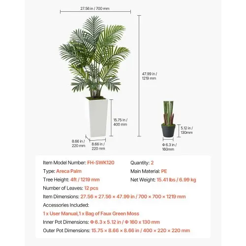 VEVOR Künstliche Areca-Palmen, 1,2 m, 2er-Pack Kunstpalmen, tropische Pflanzen mit weißem Pflanzgefäß, Kunstseidenpflanze im Topf, Kunstbaum für Veranden, Wohnzimmer, Terrassen, Zuhause, Büro – Bild 6