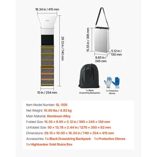 VEVOR Highbanker-Goldwaschrinne 127 cm, 2-in-1 Faltbare Highbanker-Waschrinne, Aluminiumlegierung, Bergbauausrüstung mit Rucksack und Schutzhandschuhen, Ideal für Bäche, Flussufer und Flüsse – Bild 6