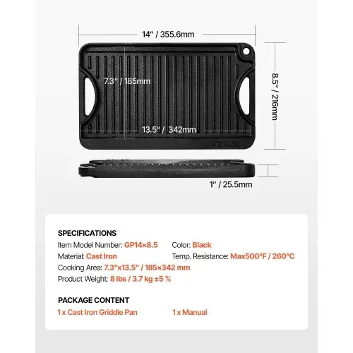 VEVOR wendbarer Grillplatte Bratpfanne Griddle aus Gusseisen (185 x 342 mm), tragbare rechteckige BBQ Pfanne mit Griff, Familienkochgeschirr für Herdplatten drinnen/draußen Grill, schwarz – Bild 6