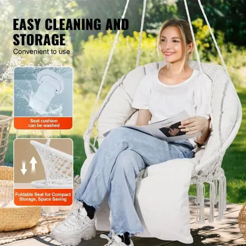 VEVOR Hängesessel, 150 kg Tragkraft, Makramee-Hängesessel mit Kissen und Befestigungsmaterial, Schaukelstuhl aus Baumwollseil für Schlafzimmer, Balkon, Terrasse, Garten, Beige – Bild 5