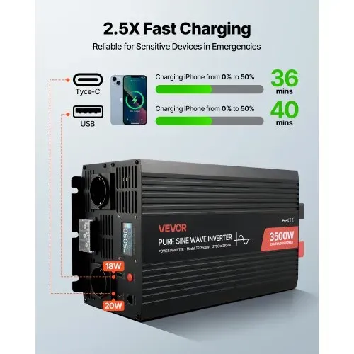 VEVOR 3500 W Wechselrichter, 12 V DC auf 230 V AC, reiner Sinus-Wechselrichter, Solar-Autoladegerät-Konverter mit LCD-Display, Fernbedienung, USB-Anschluss, 2 AC-Steckdosen, Typ-C-Anschluss – Bild 4