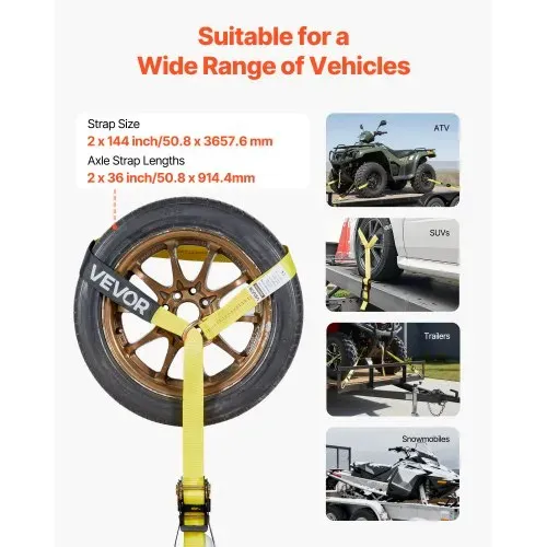 VEVOR Radspanngurt Befestigungsgurt (50,8 x 3657,6 mm) mit Federhaken & 4540 kg Zugfestigkeit & 1512 kg Tragfähigkeit, Motorrad-Spannsystem Radsicherungsgurt Reifengurt für SUVs Anhänger – Bild 3