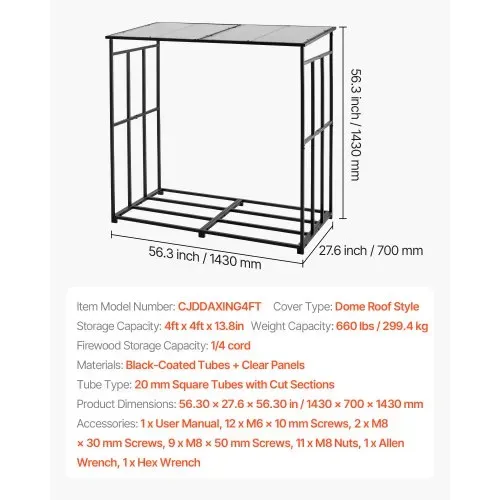 VEVOR Metall Kaminholzregal, 143x70x143 cm Brennholzregal, Kaminholzunterstand, max. Tragkraft 300 kg, Feuerholzregal, Kaminholzlager, Stapelhilfe für Veranden, Terrassen, Gärten – Bild 6