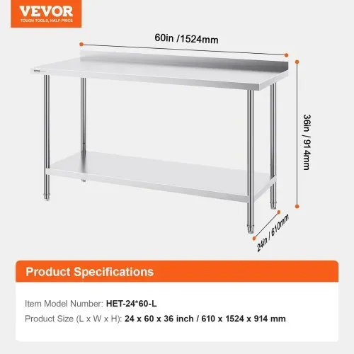 VEVOR Edelstahl-Arbeitstisch, gewerblicher Arbeitstisch zur Lebensmittelzubereitung, 610 x 1524 x 914 mm robuster Arbeitstisch aus Metall mit einstellbarer Höhe für Restaurant, Zuhause und Hotel – Bild 6