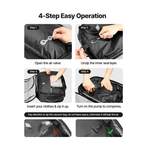 VEVOR Vakuum-Reiserucksack, 35 L, Vakuum-Kompressions-Reiserucksack mit Luftpumpe, mehreren Taschen & Fächern, wasserabweisendes Handgepäck, lässige Tasche für persönliche Gegenstände, Schwarz – Bild 3