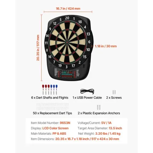 VEVOR Elektronische Dartscheibe, 342,9 mm E-Dartboard mit 43 Spielen & über 200 Variationen für bis zu 8 Spieler, 6 Dartschäfte mit Flights & 50 Ersatz-Pfeilspitzen, Farb-LCD-Punkteanzeige – Bild 6