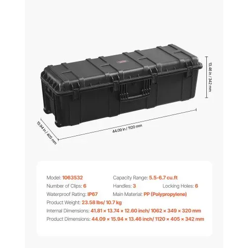 VEVOR 5,5 Kubikfuß wetterfester Hartschalenkoffer, wasserdichter Hartschalenkoffer mit großer Kapazität und 3 Griffen, IP67 wasserdichte Schutzhülle mit 6 Clips, 6 Vorhängeschlosslöchern und Schaumstoffeinlage für große Geräte, schwarz – Bild 6