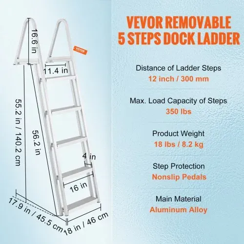 VEVOR Badeleiter Bootsleiter abnehmbar 5 Stufen 159kg Traglast 610x455x1825mm – Bild 6