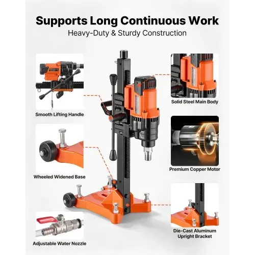 VEVOR Diamant Kernbohrmaschine 2500 W Kernbohrgerät Trocken/Nass 20-202 mm, für Beton Ziegel Keramikfliesen Asphalt Marmorböden, Inkl. 8 Bohrer & Rollständer & Tragegriff, 800 U/min, UNC1 1/4–7 Gewinde – Bild 5