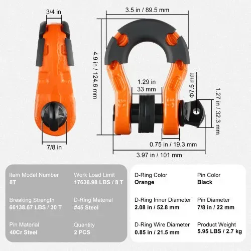 VEVOR 3/4 Zoll D-Ring-Schäkel, 2er-Pack Schäkel aus legiertem Stahl, 30 Tonnen Bruchfestigkeit, mit 7/8 Zoll Schraubstift, Isolatoren und Unterlegscheiben, robuster Bergungsschäkel für Geländefahrzeuge für Jeep-Trucks, orange – Bild 6