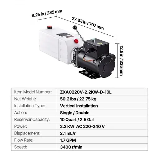 VEVOR Hydraulikaggregat Hydraulikpumpe 10 L 2,2 kW 22 MPa Kippanhänger, für Hebebühnen Scherenhebebühnen Stapler und Kfz-Werkstätten mit Überdruckventil Fördermenge 6,3 L/min, Vertikale Montage – Bild 6