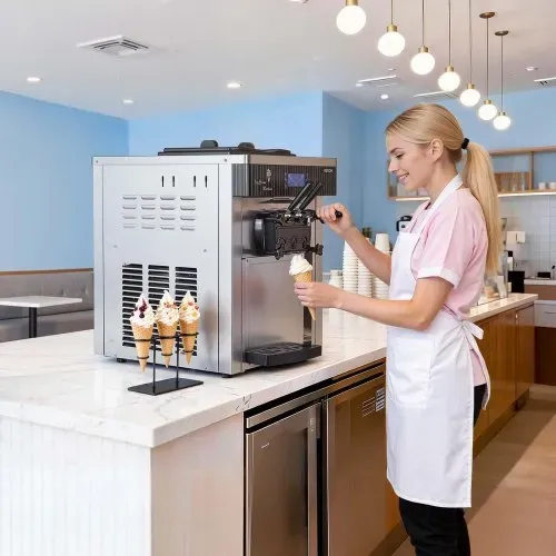 VEVOR Gewerbliche Eismaschine 20-28 L/h Leistung, Softeismaschine 2200 W lmit 2 x Behältern (6 L), Vorkühlung, Selbstreinigung und LED-Display, Tischgerät für Snackbars, Dessertläden und Cafés, Silber – Bild 7