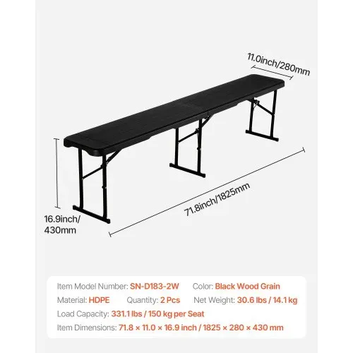 VEVOR tragbare Mannschaftsbank Sitzbank Campingbank 182cm, Klappbank für Picknicks Partys Camping Essen, Bierbank aus HDPE (150 kg belastbar pro Sitz) 2-tlg. Partybank mit 2 Tragetaschen, Schwarz – Bild 6