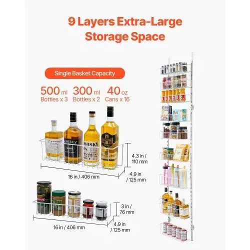 VEVOR Vorratsschrank Speisekammer-Organizer Aufbewahrung über der Tür, 9-stufige Gewürzregale zum Aufhängen aus Stahl, verstellbare Lagerregale für die Wand, für Zuhause Küche Badezimmer, Weiß – Bild 4