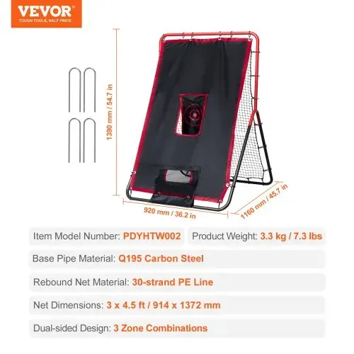 VEVOR Baseball- und Softball-Rebounder-Netz, 3,5 x 4,5 Fuß 2-in-1 Switch Hitter Pitch Trainer, PitchBack Baseball Pitching Return Trainer Nest, Bounce Back Net für Feld-/Wurfübungen – Bild 6