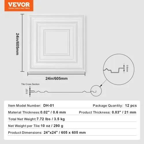 VEVOR Deckenfliesen, 12er-Pack 24 x 24 Zoll, abgehängte Deckenfliesen aus hochwertigem PVC-Blatt, einfache Installation/Zuschneiden, Kunststoff-Deckenfliesen zum Aufkleben, Deckenverkleidung für Heim-/Bürodekoration, weißes Stiftmuster – Bild 6