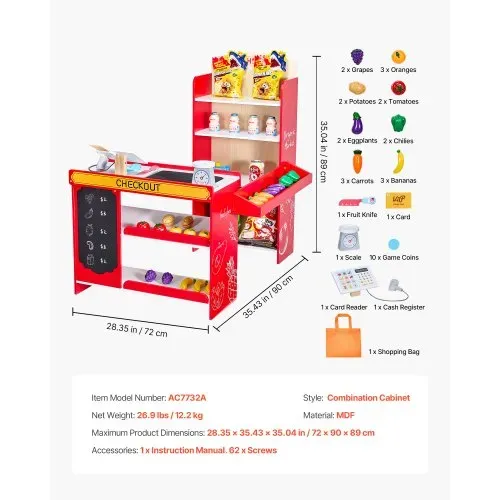 VEVOR Kinder-Lebensmittelladen-Spielset, Holz-Spielladen mit Einkaufstasche, Kinder-Supermarkt mit Förderband, Scanner, Registrierkasse, Obst und Gemüse, Geschenk für Kinder ab 3 Jahren – Bild 6