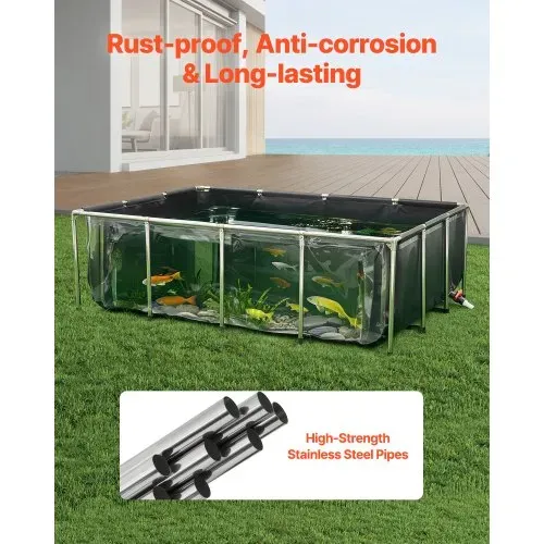 VEVOR Fischteich aus Segeltuch, 1781,3 L Fischtank, PVC-Koi-Tank mit transparentem Sichtfenster, Aquarium mit Edelstahlrahmen & Ablassventil, für Zucht von Koi, Goldfisch (schwarz) – Bild 3
