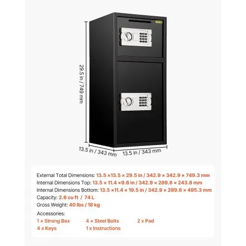 VEVOR Tresor mit Schlüssel Elektronikschloss Tresor 4MM mit Zahlenschloss 74 L, Tresor mit Starkem Eisen, Möbeltresor Elektronikschloss mit Hochbelastbaren Stahlkonstruktion – Bild 6
