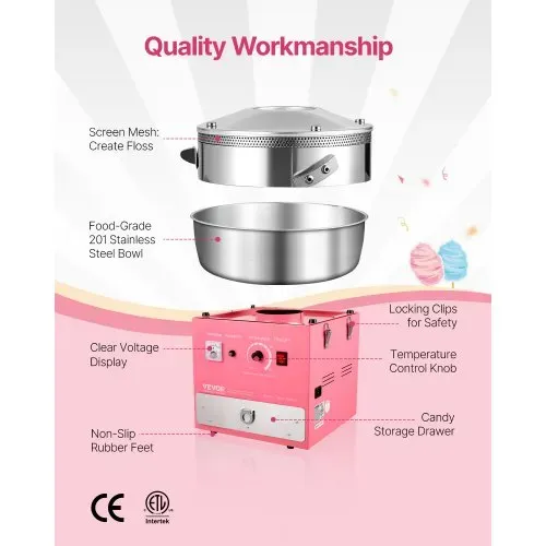 VEVOR elektrische Zuckerwattemaschine kommerzielle Zuckerwattegeräte (1000 W) mit 52 cm Edelstahlschüssel & Zuckerlöffel & Schublade, perfekt für Kindergeburtstage Familienfeiern Partys Rosa – Bild 4