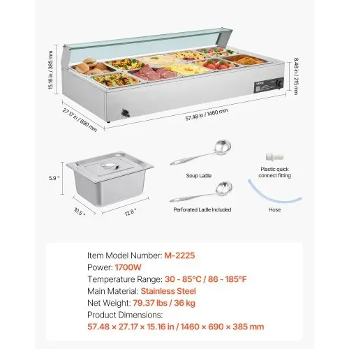 VEVOR kommerzieller Speisenwärmer (10 x 1/2 Größe Behälter), 1,7 kW elektrischer Wärmebehälter aus Edelstahl mit Glasabdeckung & Suppenkelle, Chafing Dishes für Catering Restaurant Party – Bild 6