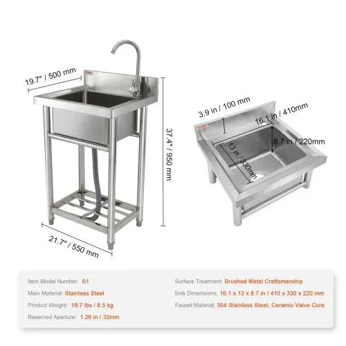 VEVOR Edelstahl-Waschbecken, Freistehendes Waschbecken, inkl. Wasserhahn und Beinen, 41 x 33 x 22 cm Kommerzielle Einzelwaschbecken für Garage, Restaurant, Küche, Gewerbliche Spülbecken – Bild 6