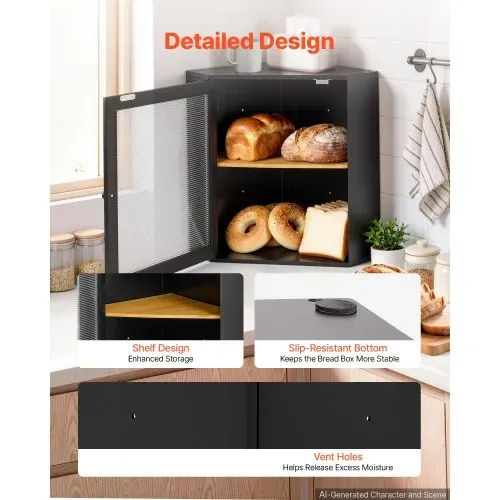 VEVOR Eck-Brotkasten Acrylfenster Brotbox 321x321x427 mm Bambusholz Schwarz Ideal für Bagels, Muffins & Selbstgebackenes Brot, Magnetverschluss & 3-Stufig Höhenverstellbarer Einlegeboden, Belüftet – Bild 3