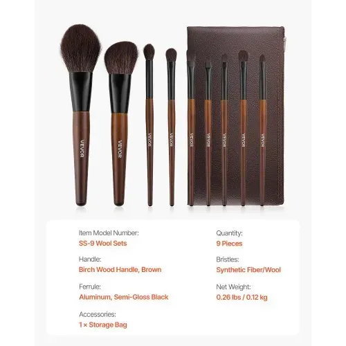 VEVOR Pinselset Makeup, 9-teilig, professionelles Schminkpinsel Set für Grundierung, Lidschatten, mit synthetischen Borsten, weicher Naturwolle, ergonomischem Holzgriff, Reise-Aufbewahrungstasche – Bild 6