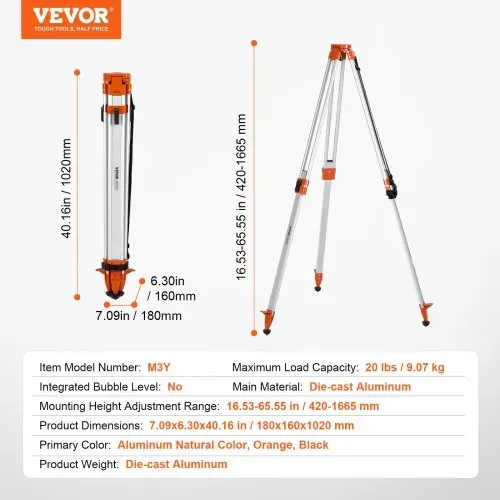 VEVOR Laser-Wasserwaagen-Stativ, 5/8"-11-Gewindehalterung, 16,53-65,55 Zoll Höhenverstellung, robustes Vermessungs-Stativ für Bau-Laser-Wasserwaagen-Scanner, einziehbare Beine, rutschfeste Füße, professionell – Bild 6