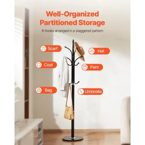 VEVOR Garderobenständer, 370x370x1800 mm, Kleiderständer mit Marmorsockel & 6 Haken, Flurgarderobe für Eingangsbereich, Schlafzimmer, Büro, Wohnzimmer, Kleiderbügel für Mäntel, Hüte, Taschen – Bild 4