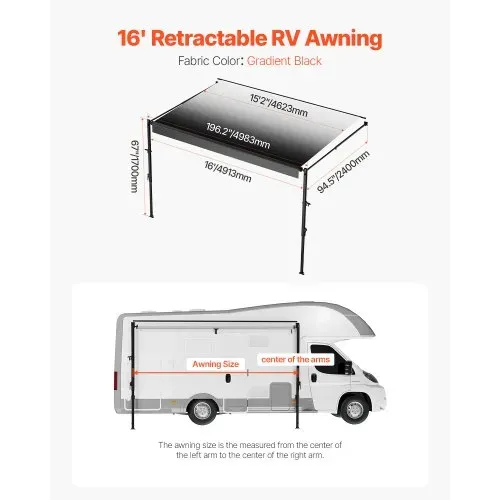 VEVOR Wohnwagen Markise universelle einziehbar RV Markisen (487,7 cm) wasserdichter Sonnenschutz mit Aluminiumlegierungsrahmen, Außenmarkise mit schwarzem Ständer & schwarzen Stoffen mit Farbverlauf – Bild 6