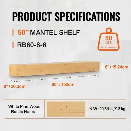 VEVOR Kaminsims, 152,4 x 20,3 x 15,2 cm, Tragkraft 22,7 kg, Kaminsims aus Naturholz für über dem Kamin, schwebendes Bauernhausregal zur Wandmontage, handgefertigter Kaminsims aus Holz als Wanddekoration, rustikales Naturholz – Bild 2