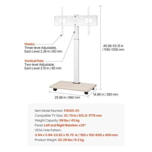 VEVOR rollbarer TV-Ständer TV-Wagen für 812,8-1778 mm TVs bis zu 45 kg, 25° Links-Rechts-Drehung & höhenverstellbare TV-Halterung mit Regal für Ecke Schlafzimmer Wohnzimmer (max. 600 x 400 mm) – Bild 6