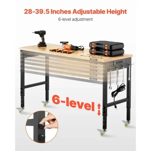 VEVOR Werkbank 1524x559x711-1030mm, 907 kg Tragkraft, Werktisch mit Steckdose, Rädern und Stecktafel, robuster Arbeitstisch mit Eichenholzplatte für Garage, Werkstatt, Büro und Zuhause – Bild 2