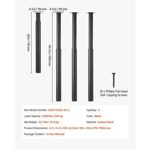 VEVOR Tischbeine 4er-Set, Möbelfüße 71–110 cm Höhenverstellbar, Tischfüße Max. 544 kg, Teleskopbein aus Kohlenstoffstahl, für Schreibtische, Couchtische, Esstische, Werkbänke, Rund – Bild 6