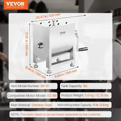 VEVOR manueller Fleischmischer 10 L Fleischverarbeitungsgerät (maximales Mischen von 6,8 kg Fleisch), Fleischmischer aus Edelstahl, Wurstmischer mit Untersetzungsgetriebe, Handmixer für Hackfleisch – Bild 6