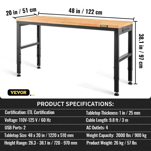 VEVOR Verstellbare Werkbank, 48" L x 20" B x 38,1" H Garagentisch mit 28,3"-38,1" Höhe und 2000 lbs Tragkraft, mit Steckdosen und Hartholzplatte und Metallrahmen und Fußpolstern, für Büro, Zuhause, Garage – Bild 6