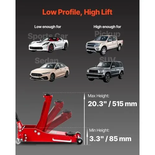 VEVOR Hydraulischer Rangierwagenheber 3 t Tragkraft, Flacher Wagenheber aus Aluminium mit Doppelkolben-Schnellhubpumpe, Autoheber für Sportwagen SUVs Pickups, 85-515 mm Hubbereich, Rot – Bild 2