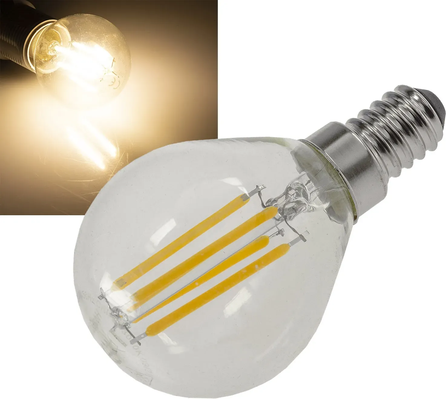 LED Tropfenlampe E14 “Filament T4” 3000k, 500lm, 230V/4W, warmweiß LED Tropfenlampe E14 “Filament T4” 3000k, 500lm, 230V/4W, warmweiß