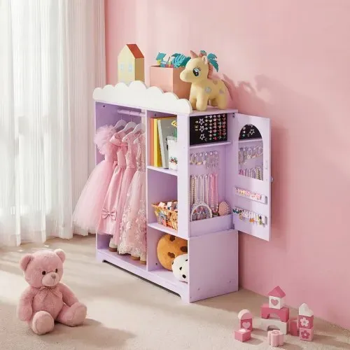 VEVOR Kinderkleiderschrank 91x30x103cm, Kindergarderobe mit Spiegel Kleiderstange Ablagen, Verkleidungsschrank aus MDF mit Schmuckkästchen für Mädchen, Kinderschrank für Kostüme Spielzeug Puppen, Lila – Bild 7