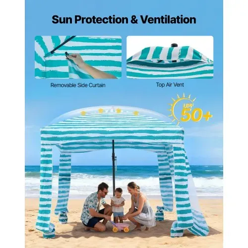 VEVOR Strand-Cabana 183 x 183 cm Strandüberdachung mit Seitenwand, UPF 50+ Sonnenschutz, Strandpavillon mit Sandsäcken, tragbarer Sonnenschutz Sonnenschirm für Familie, grüne Streifen – Bild 3