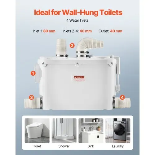VEVOR Abwasser Hebeanlage 500W, 6600 L/H Durchfluss, 8 m Förderhöhe, Abwasserpumpe 2900U/min mit 3 Wassereinlässen für Keller Küche Spüle Dusche Badewanne, Wäscheabwasserentsorgung Aufspülmaschine – Bild 4