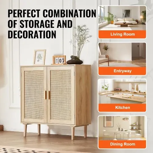 VEVOR Rattanschrank Rattankommode Aufbewahrungsschrank mit 2 magnetischen Türen & verstellbaren Regalen & Griffen, Sideboard-Buffetschrank für Flur Eingangsbereich Wohnzimmer Küche Flur – Bild 5