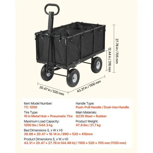 VEVOR Bollerwagen, 544 kg, Handwagen, Transportwagen mit Luftreifen, verstellbarem Griff, abnehmbaren Seitenwänden, Strandwagen, Campingwagen, Gartenwagen zur Befestigung an ATV oder Traktor, Schwarz – Bild 6