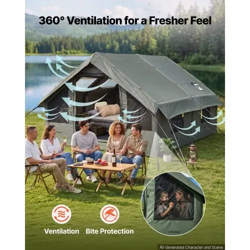 VEVOR Aufblasbares Zelt Glamping Luftzelt 5-8 Personen mit Pumpe Grün, für Outdoor-Aktivität Wasserabweisendes Poly-Baumwollgewebe mit Dachfenster Ofenrohrdurchführung Netzfenster & Tragetasche – Bild 4