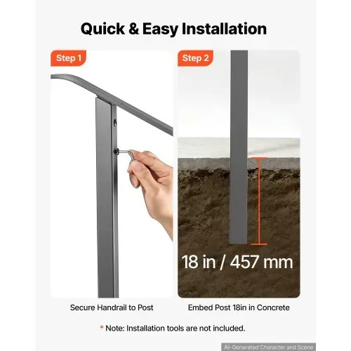 VEVOR Handläufe für Außentreppen Einzelpfostenhandlauf für 1-2 Stufen Grau, Dekoratives Treppengeländer für Betonstufen Veranda & Terrasse, Kohlenstoffstahl, Quadratrohr, Lockiges Design, Bodenmontage – Bild 2