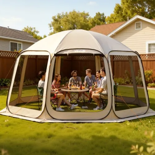 VEVOR Campingzelt, 457,2×420,6×245 cm, Partyzelt für 12–15 Personen, Pop Up Zelt, inkl. Tragetasche, Netz-Seitenwände und Heringen, für Garten, Terrasse und Outdoor-Aktivitäten, Beige VEVOR Campingzelt, 457,2×420,6×245 cm, Partyzelt für 12–15 Personen, Pop Up Zelt, inkl. Tragetasche, Netz-Seitenwände und Heringen, für Garten, Terrasse und Outdoor-Aktivitäten, Beige