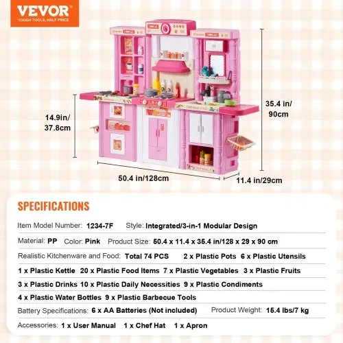VEVOR Kinderküchen-Spielset, 3-in-1-Kleinkinderküche mit simuliertem Sprühnebel, Geräuschen & Lichtern, Spielküchenset mit 74-teiligem Kochzubehörset für Kinder im Alter von 3–8 Jahren, pink – Bild 6