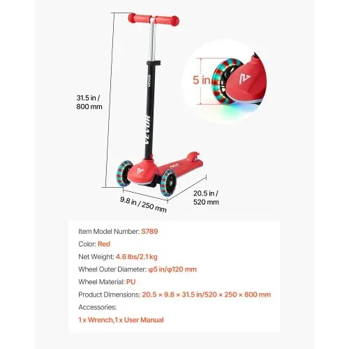 VEVOR Scooter (3 Räder) ab 3 Jahren, Cityroller Kinderroller mit leuchtenden Rädern & höhenverstellbarem Lenker & rutschfestem Deck & leichtem Aluminiumrahmen, Tretroller bis zu 75 kg, Rot – Bild 6